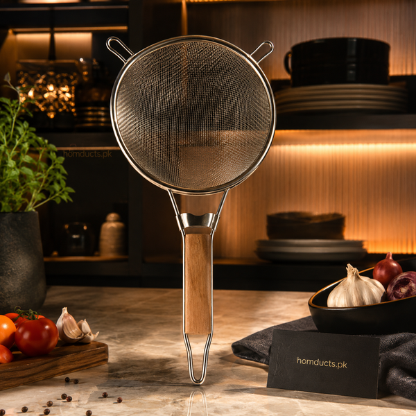 Luxury Stainless Steel Fine Mesh Kitchen Strainer with Wooden Handle