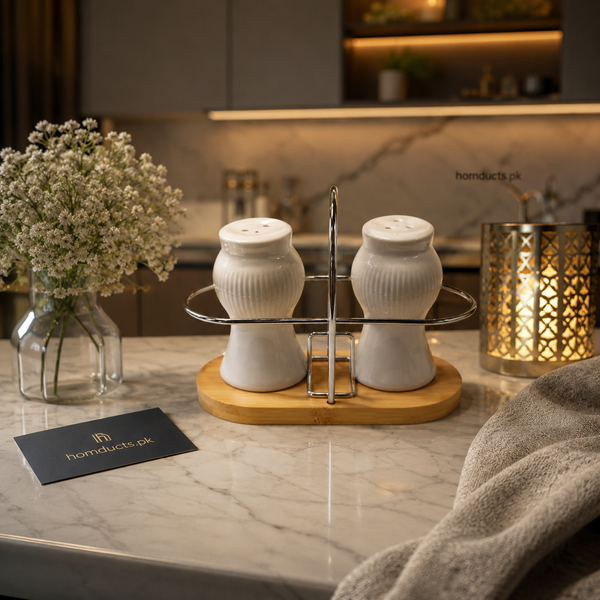 Premium Ceramic Salt & Pepper Shaker Set with Wooden Base & Metal Stand – Luxury Modern Dining Table Seasoning Organizer