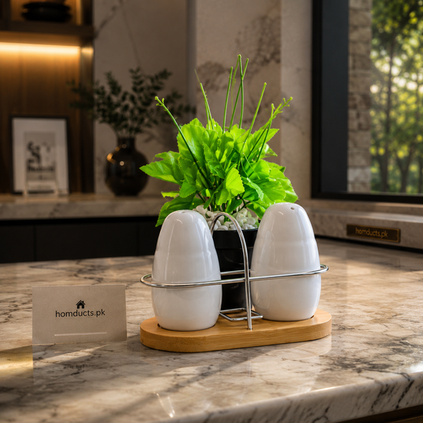 Luxury Ceramic Salt & Pepper Shaker Set with Wooden Stand & Decorative Holder