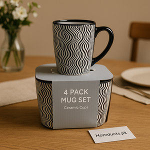 Premium Black & White Ceramic Mug Set – 4pcs Stylish Wave Pattern Tea & Coffee Cups
