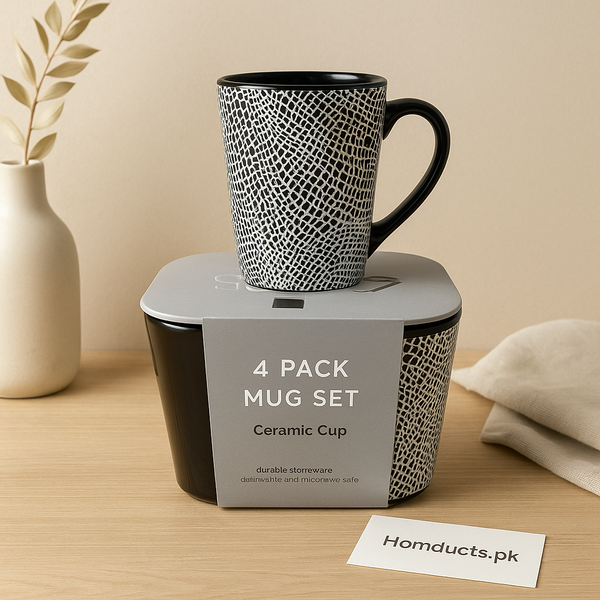 Premium 4-Pack Ceramic Mug Set – Black & White Textured Design | Durable Stoneware Cups for Tea & Coffee