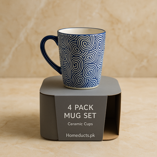 Premium 4-Piece Ceramic Mug Set – Blue Patterned Coffee & Tea Cups