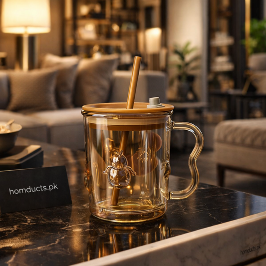 Premium Double Wall Bear Glass Mug with Lid & Straw – Heat Resistant Coffee Cup