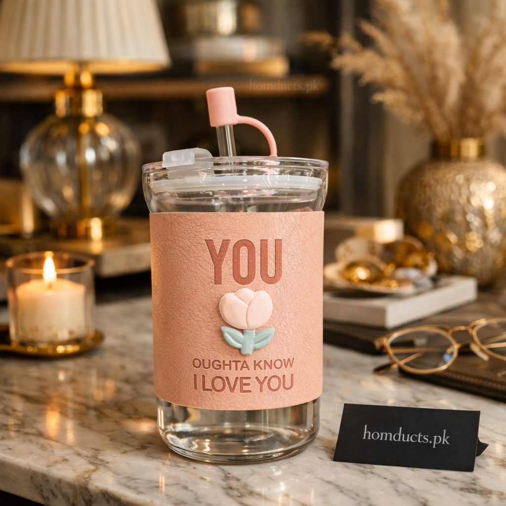 Romantic Glass Tumbler with Straw – Cute “I Love You” Sleeve Cup