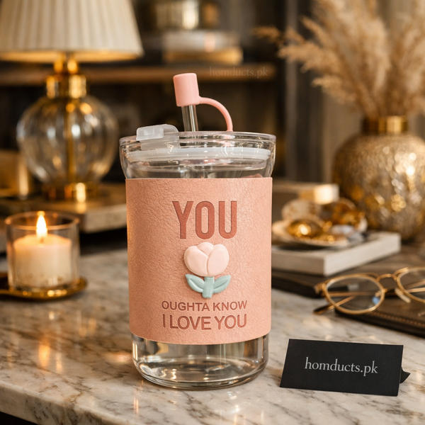 Romantic Glass Tumbler with Straw – Cute “I Love You” Sleeve Cup