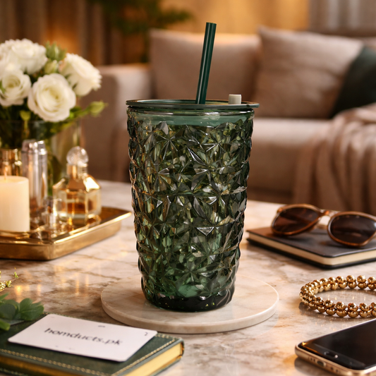 Luxury Textured Glass Tumbler with Lid & Reusable Straw – Premium Drinkware Cup