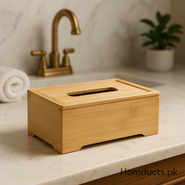Natural Bamboo Tissue Box Holder – Elegant Eco-Friendly Tabletop Organizer by Homducts.pk