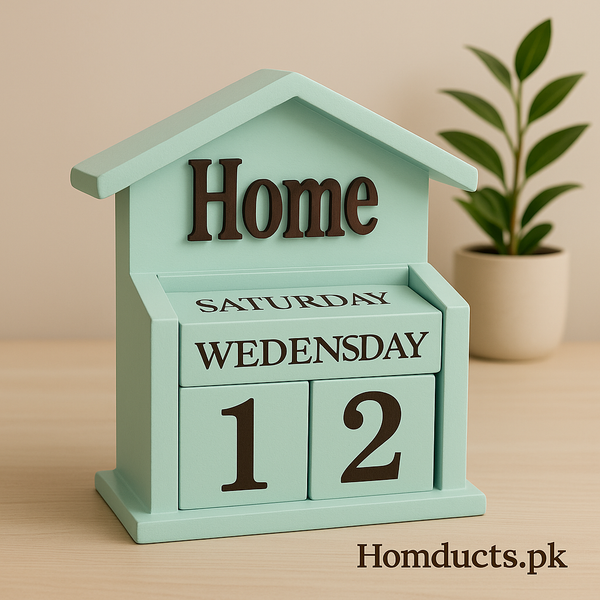 🕰️ Wooden Perpetual Calendar – Mint Green Home Décor Desk Organizer