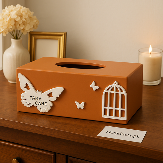 Elegant Wooden Butterfly Tissue Box – Take Care Design with Decorative Cage Accent
