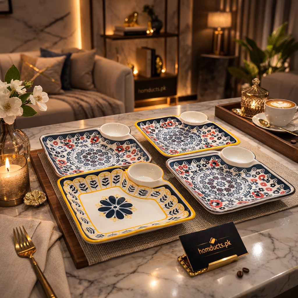 Premium Ceramic Serving Platter with Built-in Dip Bowl – Elegant Sectioned Snack & Appetizer Plate