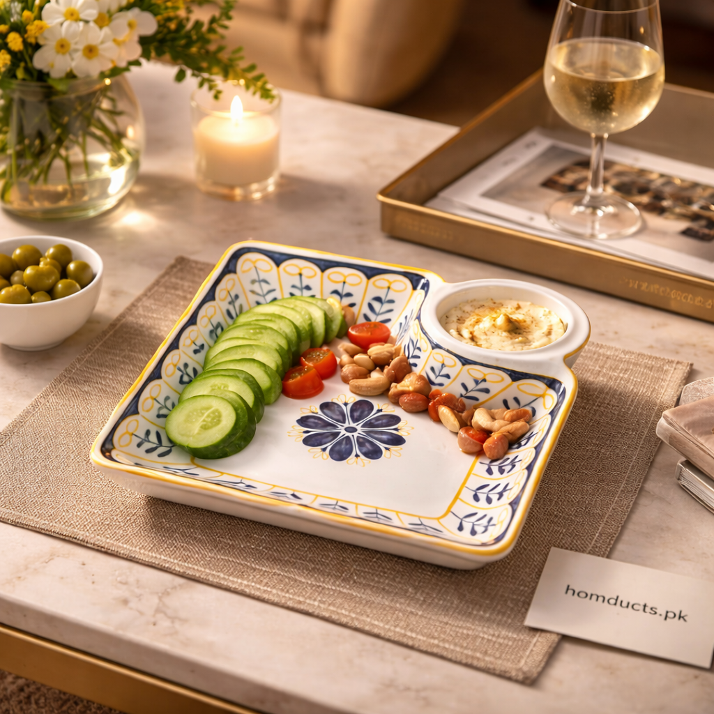 Premium Ceramic Serving Platter with Built-in Dip Bowl – Elegant Sectioned Snack & Appetizer Plate