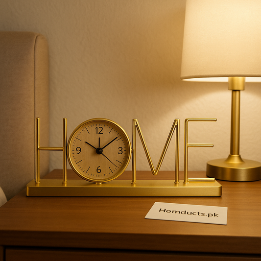 Luxury Golden HOME Table Clock – Decorative Metal Desk Clock for Living Room & Bedroom