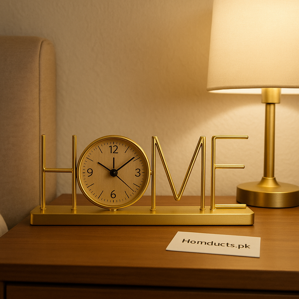 Luxury Golden HOME Table Clock – Decorative Metal Desk Clock for Living Room & Bedroom