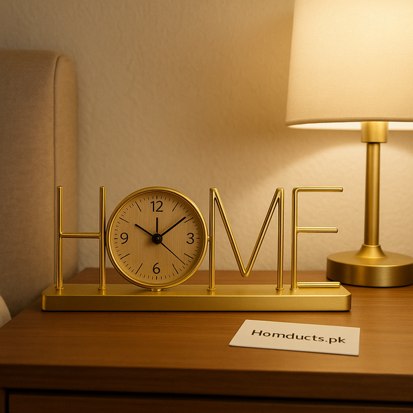Luxury Golden HOME Table Clock – Decorative Metal Desk Clock for Living Room & Bedroom