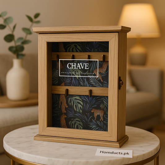Luxury Wooden Wall-Mounted Key Holder Cabinet – Leopard Print Interior | Home Organizer Box