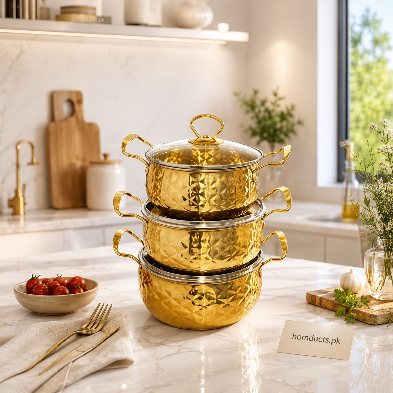 Luxury Gold Stainless Steel Cooking Pot Set (3-Piece) | Premium Hammered Design