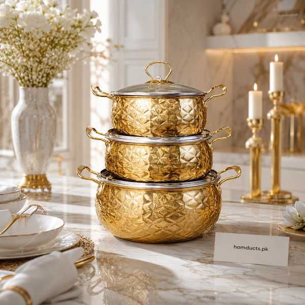 Luxury Gold Stainless Steel Cooking Pot Set (3-Piece) | Premium Hammered Design