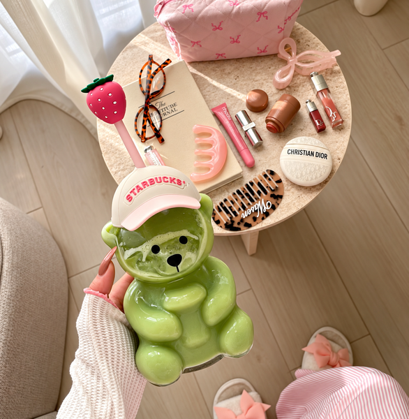 Viral Bearista Cup with Strawberry Straw & Cap Lid – Cute Bear-Shaped Tumbler