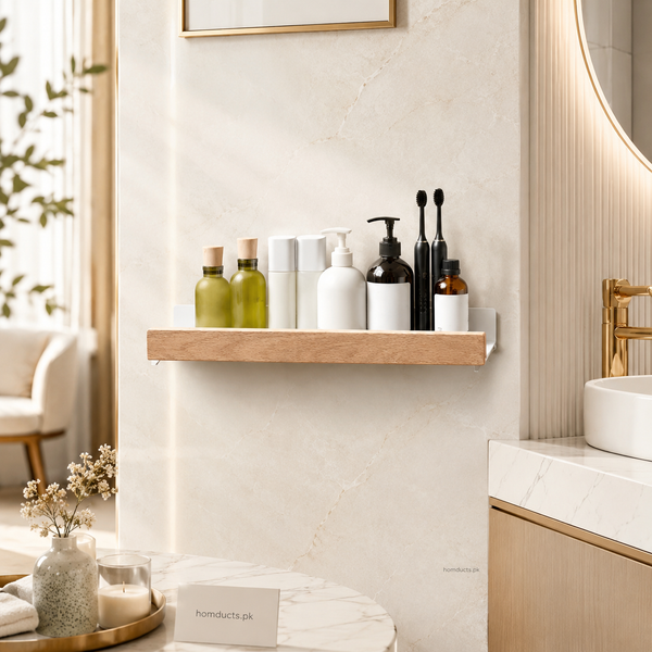 Luxury Minimalist Adhesive Bathroom Wall Shelf with Wood Accent – Premium ABS Floating Storage Rack for Shampoo, Skincare & Vanity Essentials