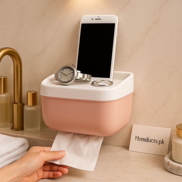 Luxury 3-in-1 Wall Mounted Tissue Box with Phone Holder & Storage Tray – Punch-Free Bathroom Organizer