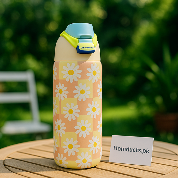 Owala-Style Floral Water Bottle 950ml – Daisy Print, Leakproof, Locking Lid, Double Wall Design