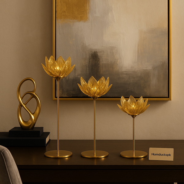 Luxury Golden Lotus Crystal Candle Stand Set – Elegant Home Décor | 3-Piece Premium Candle Holder Collection