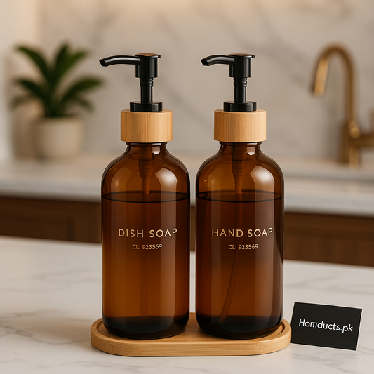 Modern Soap Dispenser Set for Hands and Dishes – Matte Black & White Bottles with Bamboo Pump, Kitchen & Bathroom Use