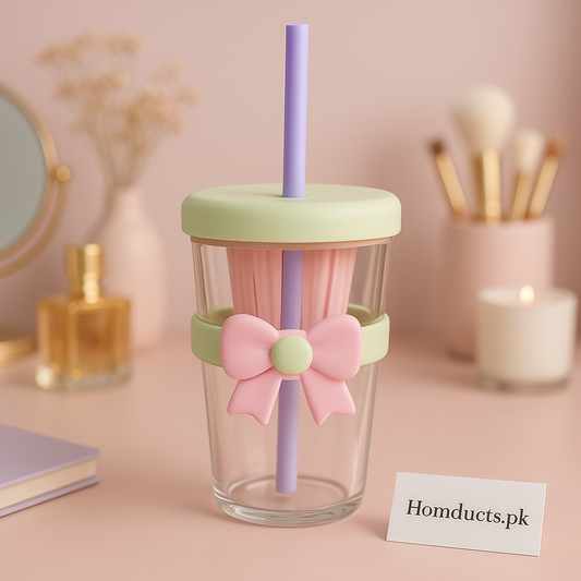 Pastel Bow Glass Tumbler with Straw – Cute Kawaii Cup for Kids & Girls (720ml) – Leakproof & Aesthetic Drinkware