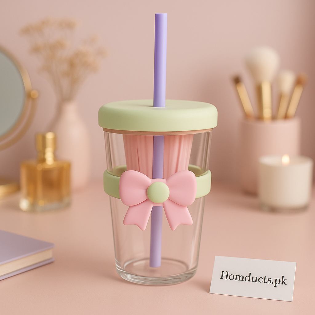 Pastel Bow Glass Tumbler with Straw – Cute Kawaii Cup for Kids & Girls (720ml) – Leakproof & Aesthetic Drinkware