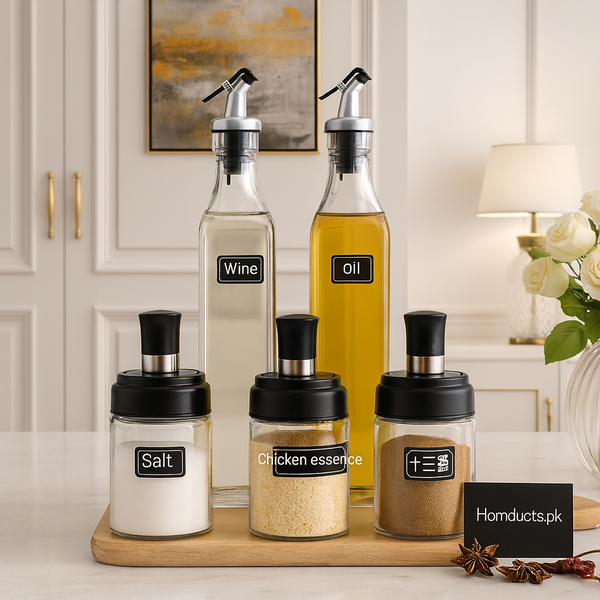 Premium Glass Oil & Seasoning Dispenser Set – 5 Pcs | Oil Bottle + Salt & Spice Jars | Kitchen Countertop Storage Set
