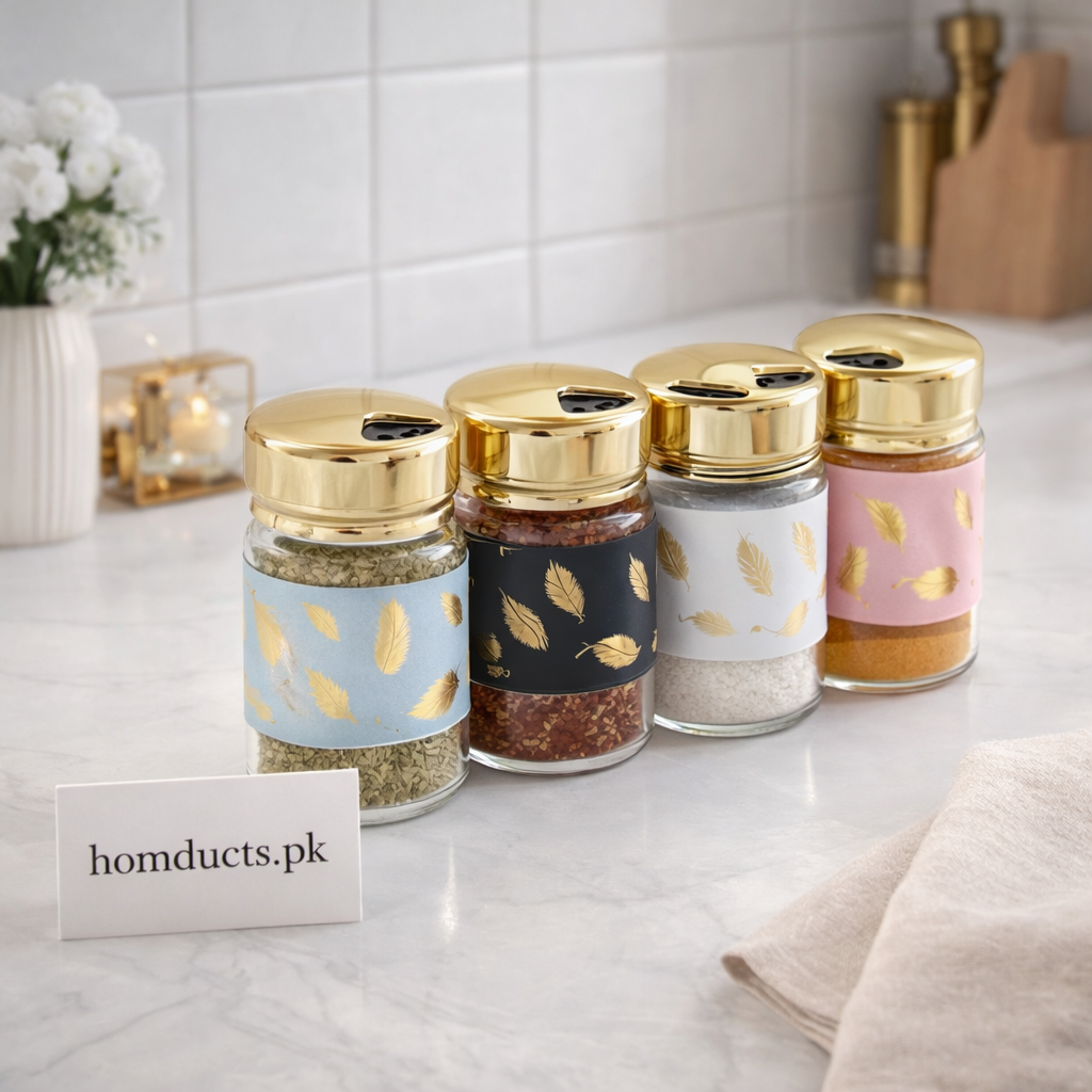 Premium Glass Spice Jar with Gold Lid – Decorative Kitchen Seasoning Shaker (1 Pc)