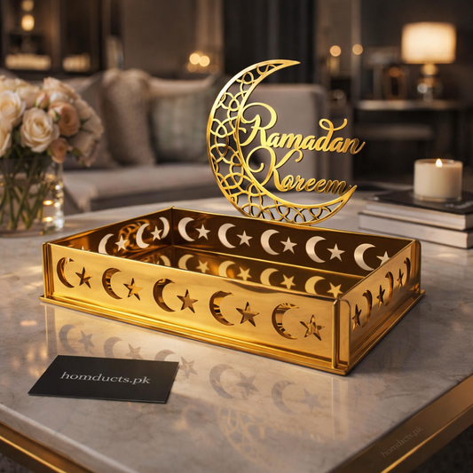Luxury Ramadan Kareem Crescent Serving Tray & Islamic Table Centerpiece