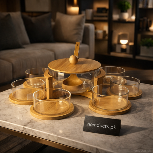 Premium Glass Snack Serving Set with Wooden Stand & Lid – 7 Piece Elegant Table Organizer