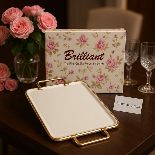 Brilliant Premium Porcelain Serving Tray – 28×15 cm | Luxury Gold Handle Rectangular Dish for Snacks, Cakes & Tea Serving