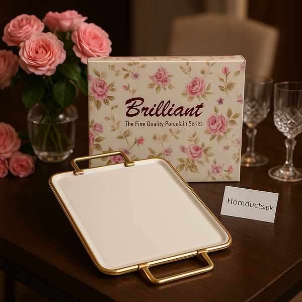 Brilliant Premium Porcelain Serving Tray – 28×15 cm | Luxury Gold Handle Rectangular Dish for Snacks, Cakes & Tea Serving