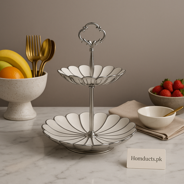 Brilliant Luxury 2-Tier Flower Petal Serving Stand – Dessert, Fruits & Snack Display Tray | Homducts.pk