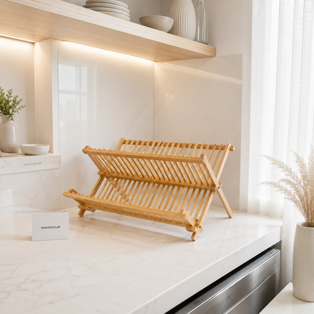 Luxury Foldable Bamboo Dish Drying Rack for Kitchen Countertops | Premium Wooden Dish Organizer & Plate Holder for Modern Homes
