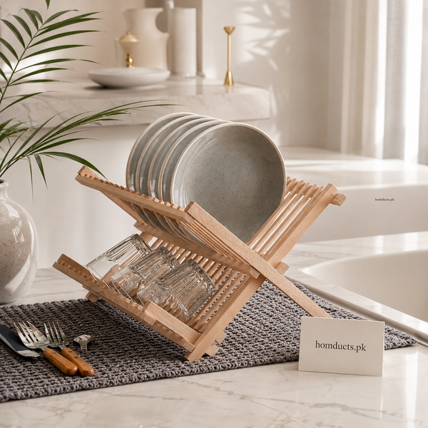 Luxury Foldable Bamboo Dish Drying Rack for Kitchen Countertops | Premium Wooden Dish Organizer & Plate Holder for Modern Homes
