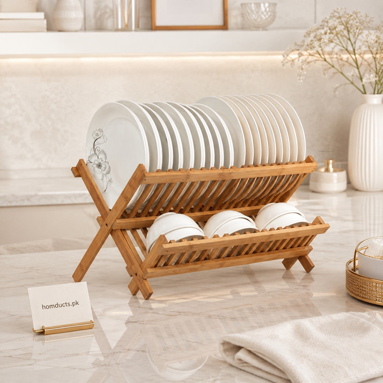 Luxury Foldable Bamboo Dish Drying Rack for Kitchen Countertops | Premium Wooden Dish Organizer & Plate Holder for Modern Homes