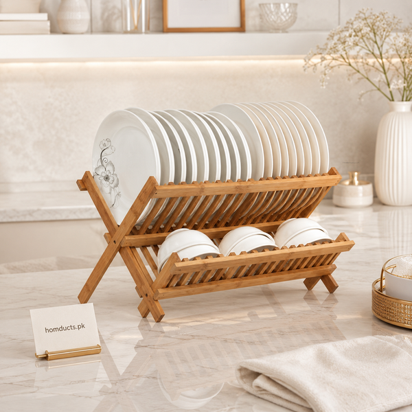 Luxury Foldable Bamboo Dish Drying Rack for Kitchen Countertops | Premium Wooden Dish Organizer & Plate Holder for Modern Homes