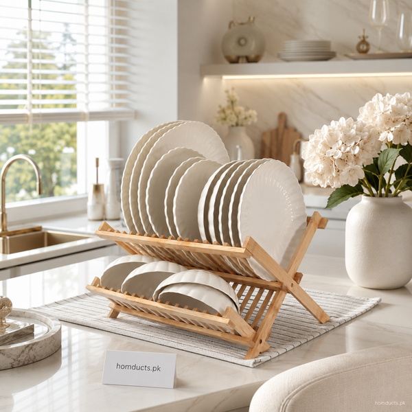 Luxury Foldable Bamboo Dish Drying Rack for Kitchen Countertops | Premium Wooden Dish Organizer & Plate Holder for Modern Homes
