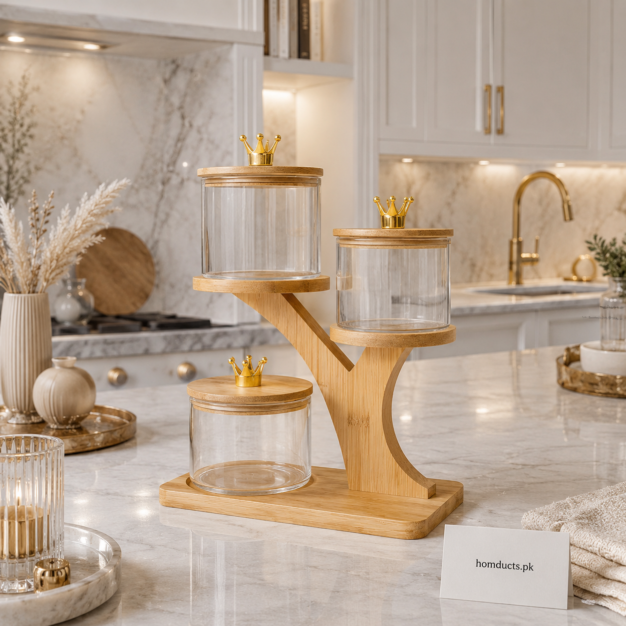 Luxury 3-Tier Glass Storage Jars with Bamboo Stand & Golden Crown Lids
