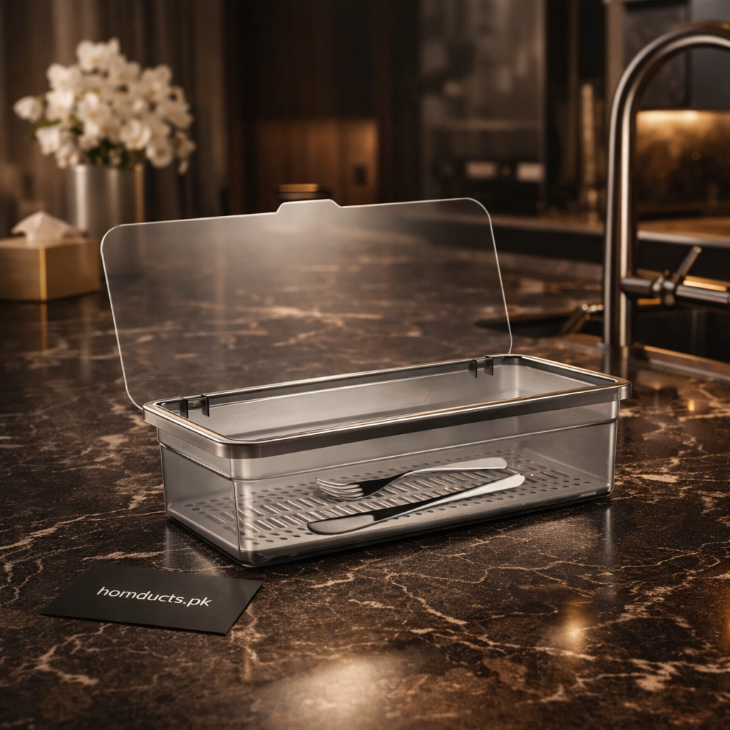 Premium Transparent Cutlery Organizer Box with Lid – Kitchen Utensil Storage Container