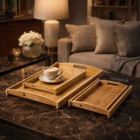 Premium 3-Piece Bamboo Serving Tray Set – Large, Medium & Small Wooden Serving Trays for Kitchen & Coffee Table