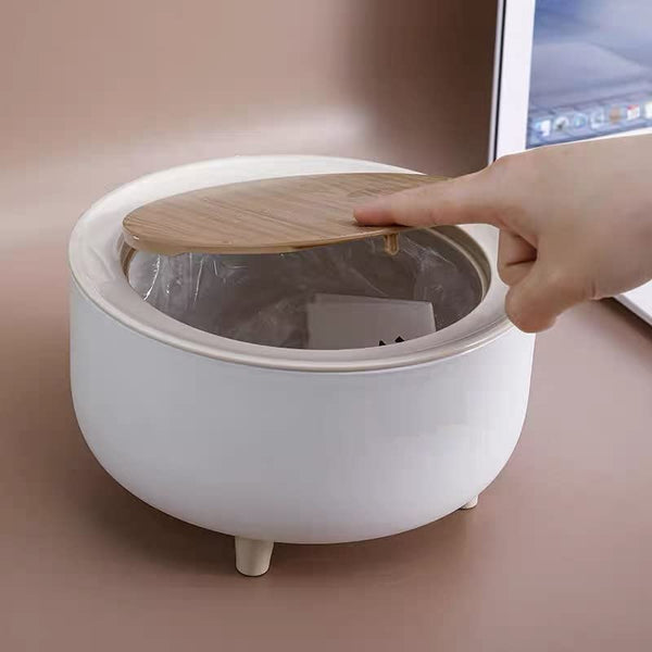 Premium Mini Desktop Dustbin with Wooden Lid – Stylish Tabletop Trash Bin for Office & Home