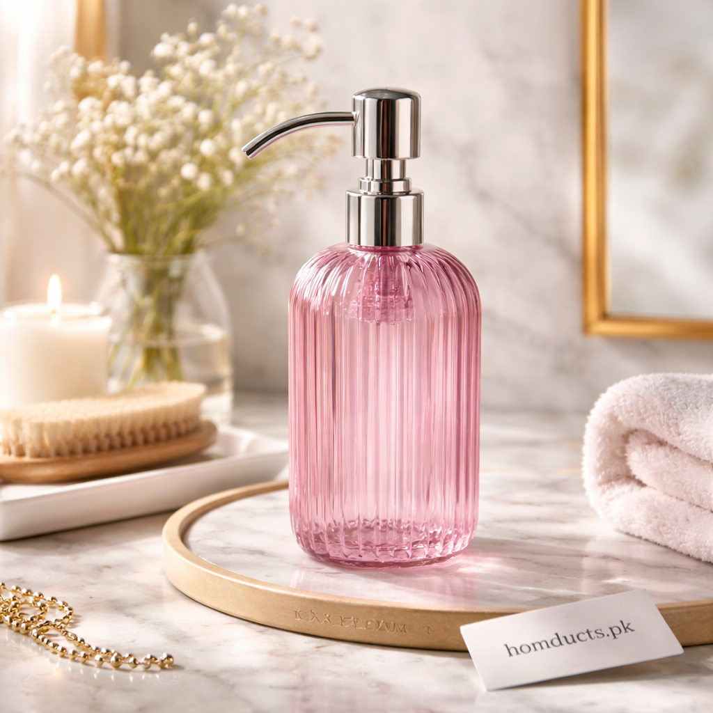 Premium Ribbed Glass Soap Dispenser – Elegant Bathroom & Kitchen Liquid Soap Pump