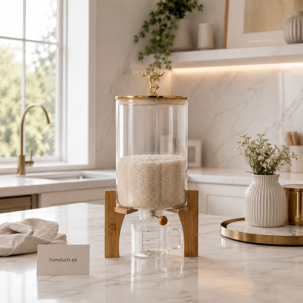 Luxury 8L Glass Rice Dispenser Jar With Wooden Stand & Golden Deer Lid – Premium Airtight Kitchen Storage Container With Measuring Cup (Imported High Quality)