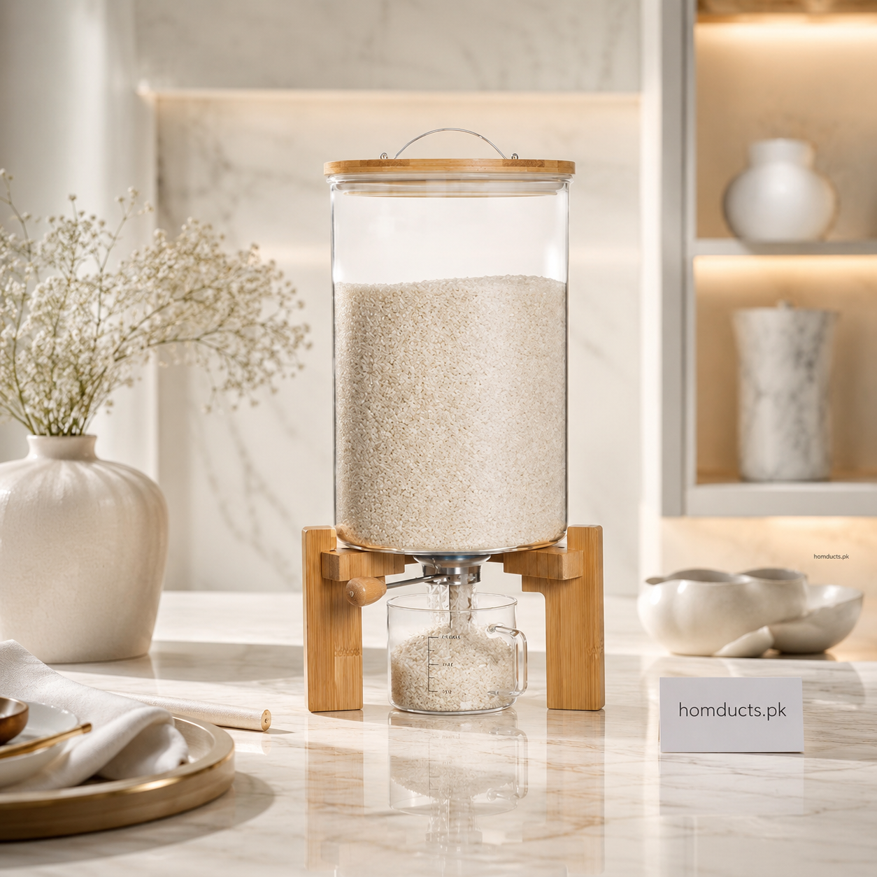 Luxury 8L Glass Rice Dispenser Jar With Wooden Stand & Golden Deer Lid – Premium Airtight Kitchen Storage Container With Measuring Cup (Imported High Quality)
