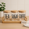 Luxury Glass Tea Sugar Coffee Jar Set with Bamboo Lids & Wooden Tray – 3-Piece Airtight Storage Containers
