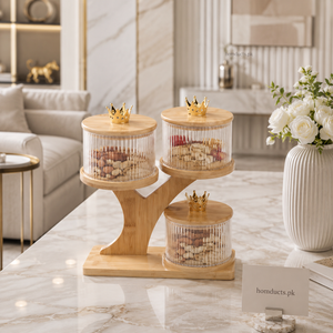 Luxury 3-Tier Glass Storage Jars with Bamboo Stand & Golden Crown Lids